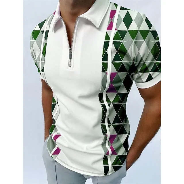 3D Print Men's Polo Shirt with Turndown Neckline - Black/White/Red/Blue/Green