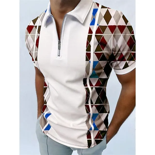 3D Print Men's Polo Shirt with Turndown Neckline - Black/White/Red/Blue/Green