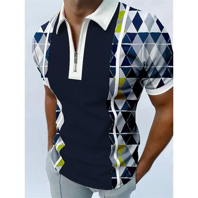 3D Print Men's Polo Shirt with Turndown Neckline - Black/White/Red/Blue/Green