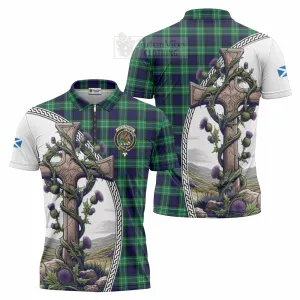 Abercrombie Tartan Zipper Polo Shirt with Family Crest and St. Andrew's Cross Accented by Thistle Vines