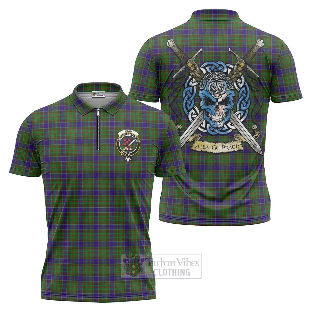 Adam Tartan Zipper Polo Shirt with Family Crest Celtic Skull Style