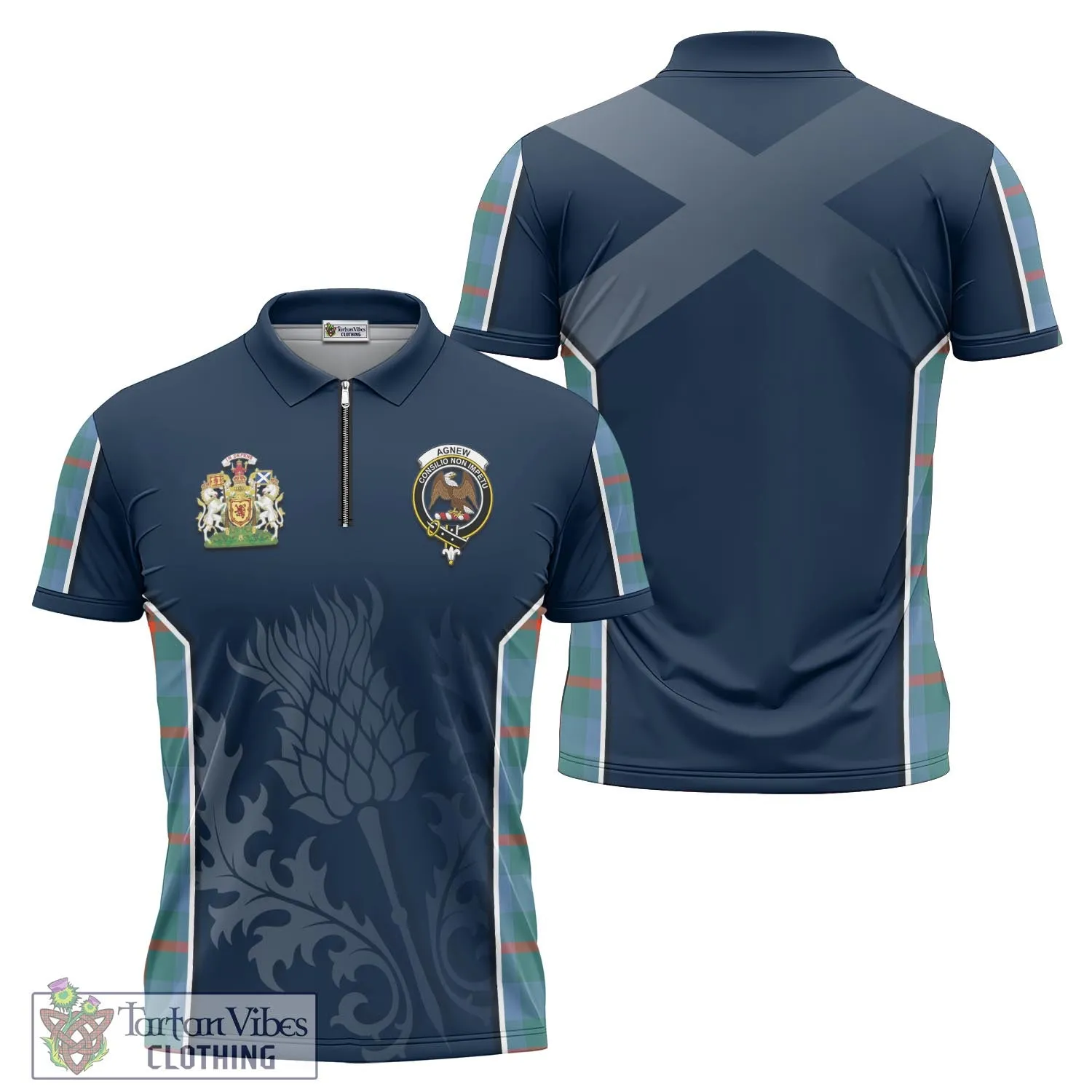 Agnew Ancient Tartan Zipper Polo Shirt with Family Crest and Scottish Thistle Vibes Sport Style