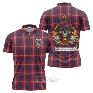 Ainslie Tartan Zipper Polo Shirt with Family Crest and Bearded Skull Holding Bottles of Whiskey