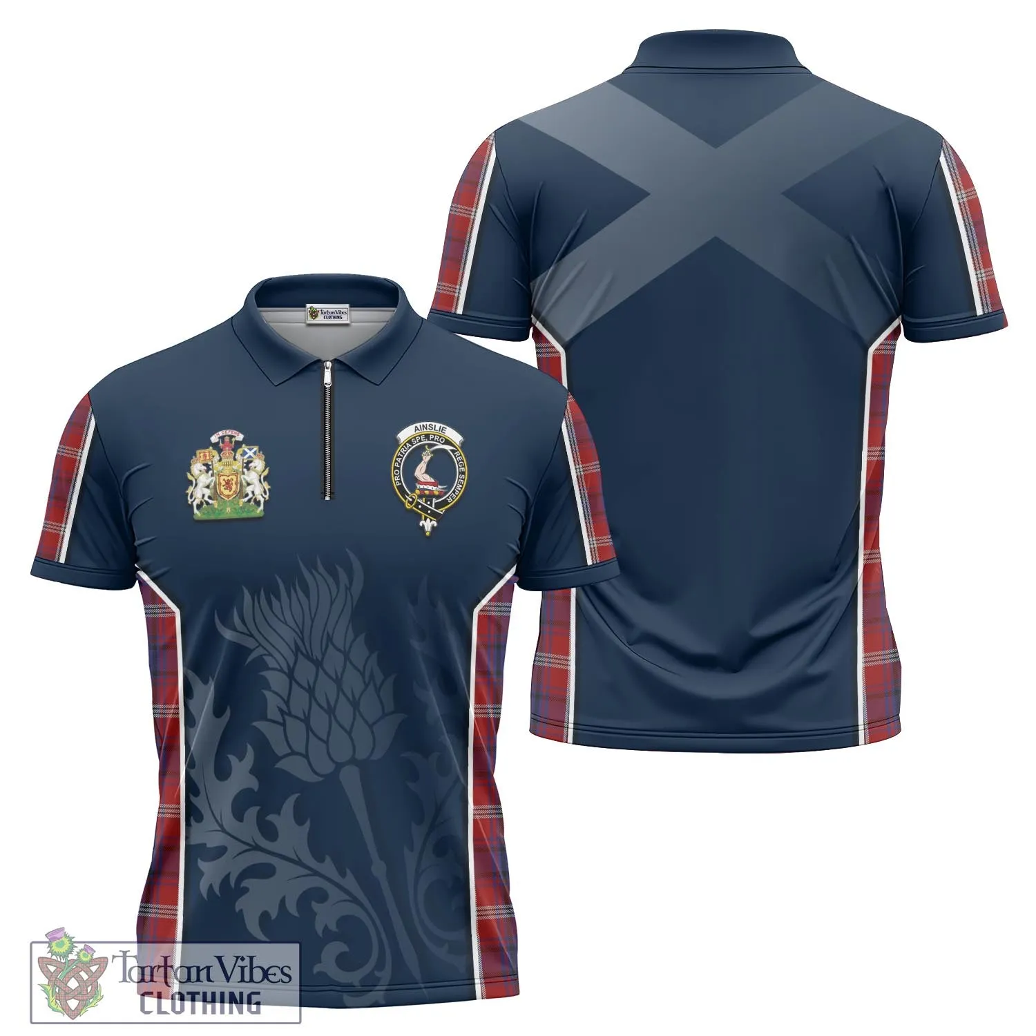 Ainslie Tartan Zipper Polo Shirt with Family Crest and Scottish Thistle Vibes Sport Style