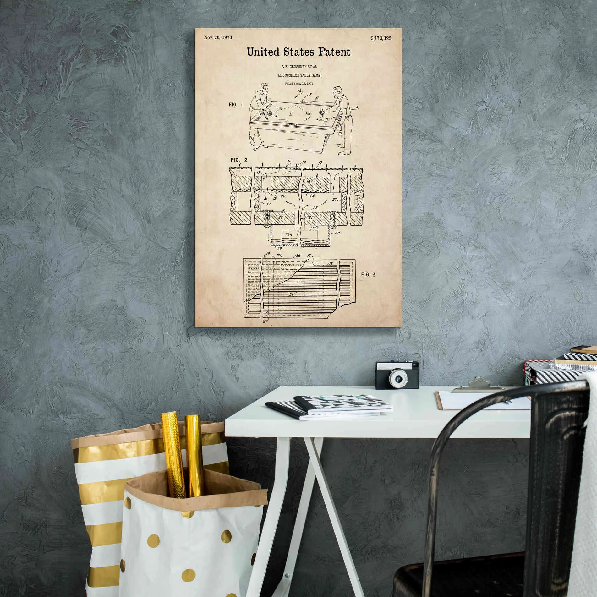 'Air Hockey Blueprint Patent Parchment,' Canvas Wall Art