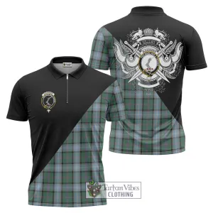 Alexander of Menstry Hunting Tartan Zipper Polo Shirt with Family Crest and Military Logo Style