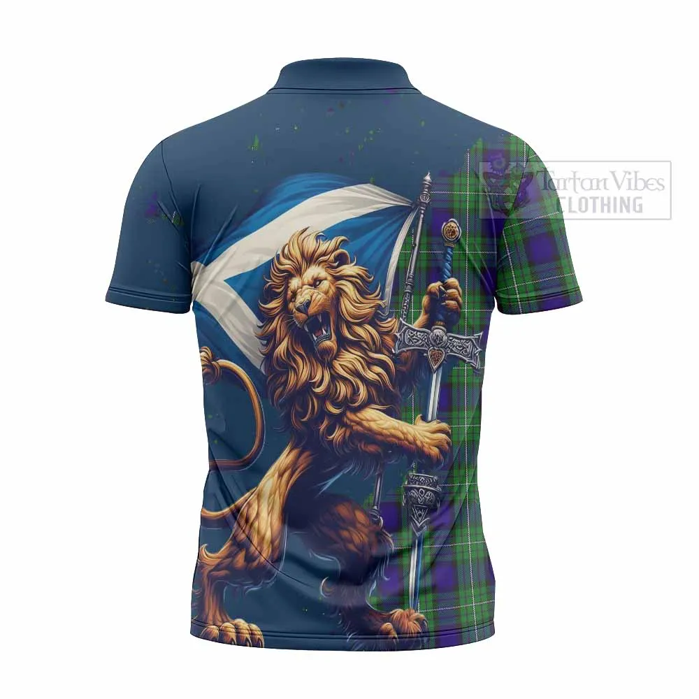 Alexander Tartan Family Crest Zipper Polo Shirt with Scottish Majestic Lion