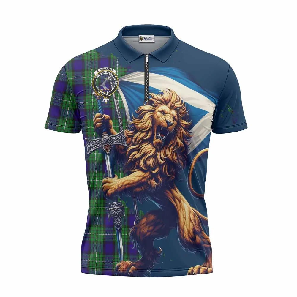 Alexander Tartan Family Crest Zipper Polo Shirt with Scottish Majestic Lion