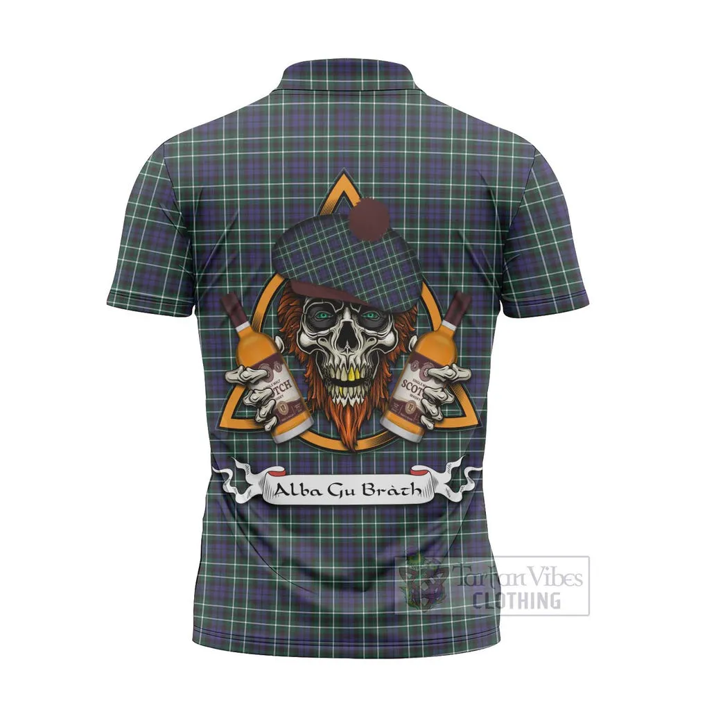 Allardice Tartan Zipper Polo Shirt with Family Crest and Bearded Skull Holding Bottles of Whiskey