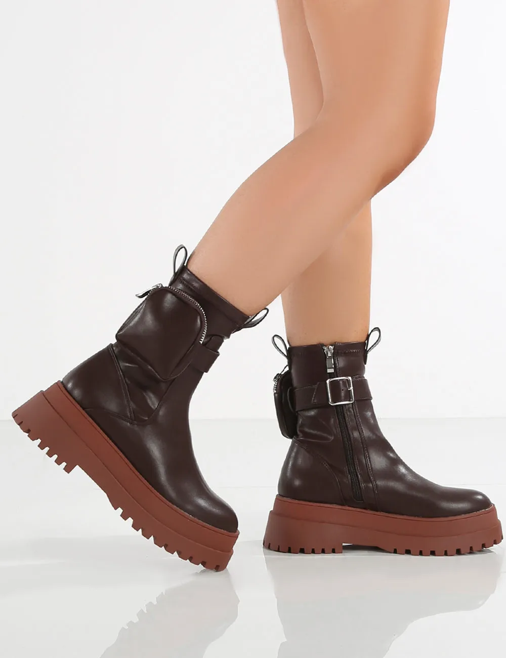 Amber x Public Desire Thought Chocolate PU Tan Chunky Sole Ankle Boot