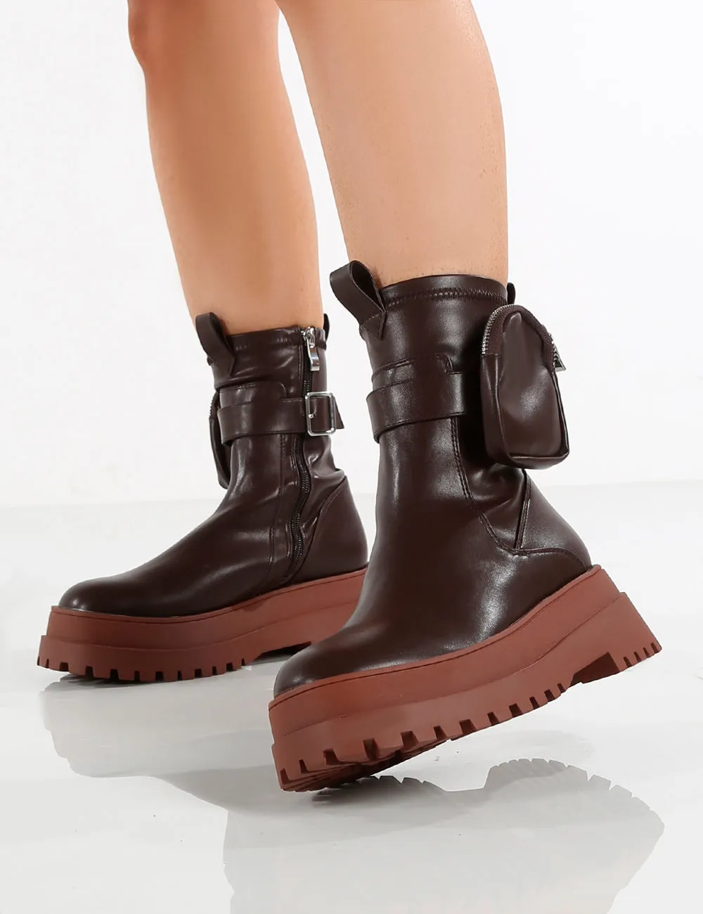 Amber x Public Desire Thought Chocolate PU Tan Chunky Sole Ankle Boot