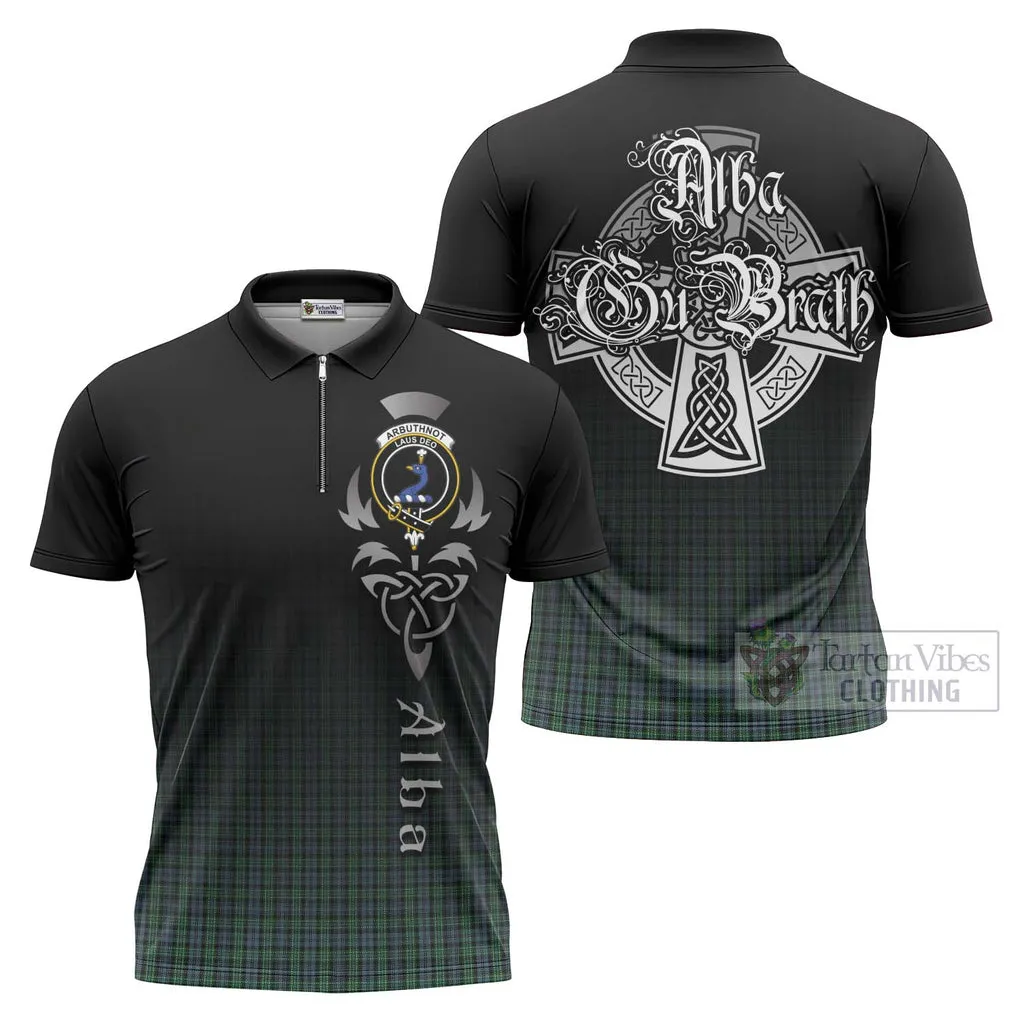 Arbuthnot Tartan Zipper Polo Shirt Featuring Alba Gu Brath Family Crest Celtic Inspired