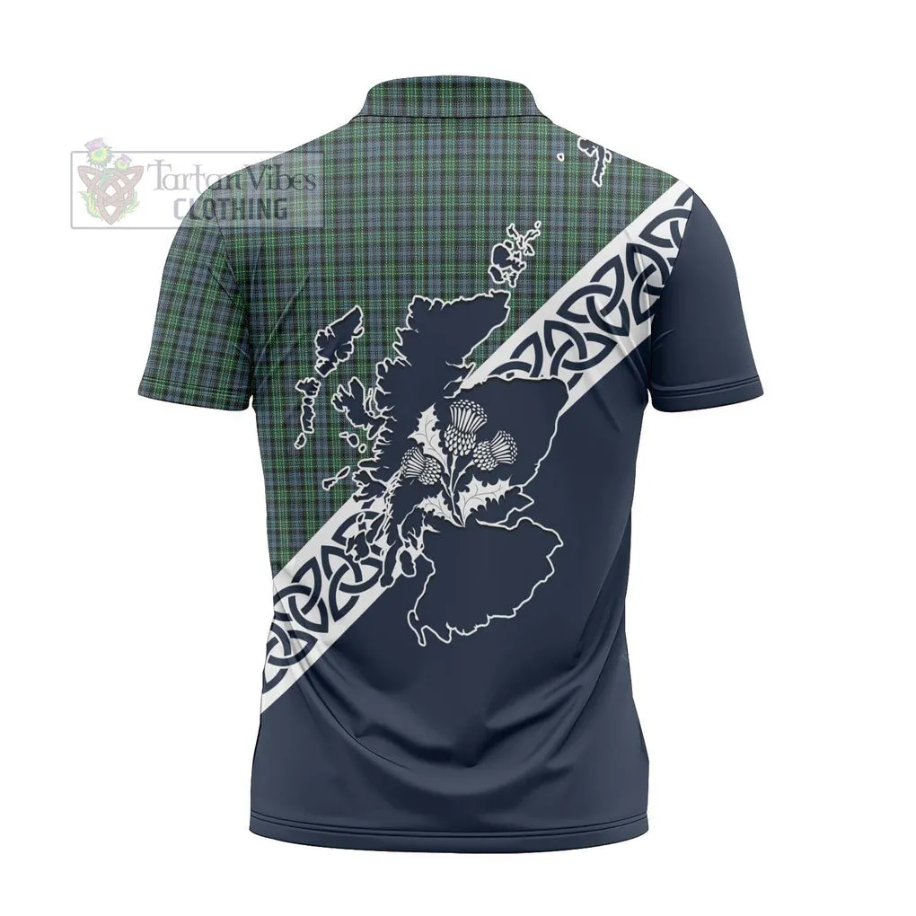 Arbuthnot Tartan Zipper Polo Shirt Featuring Thistle and Scotland Map