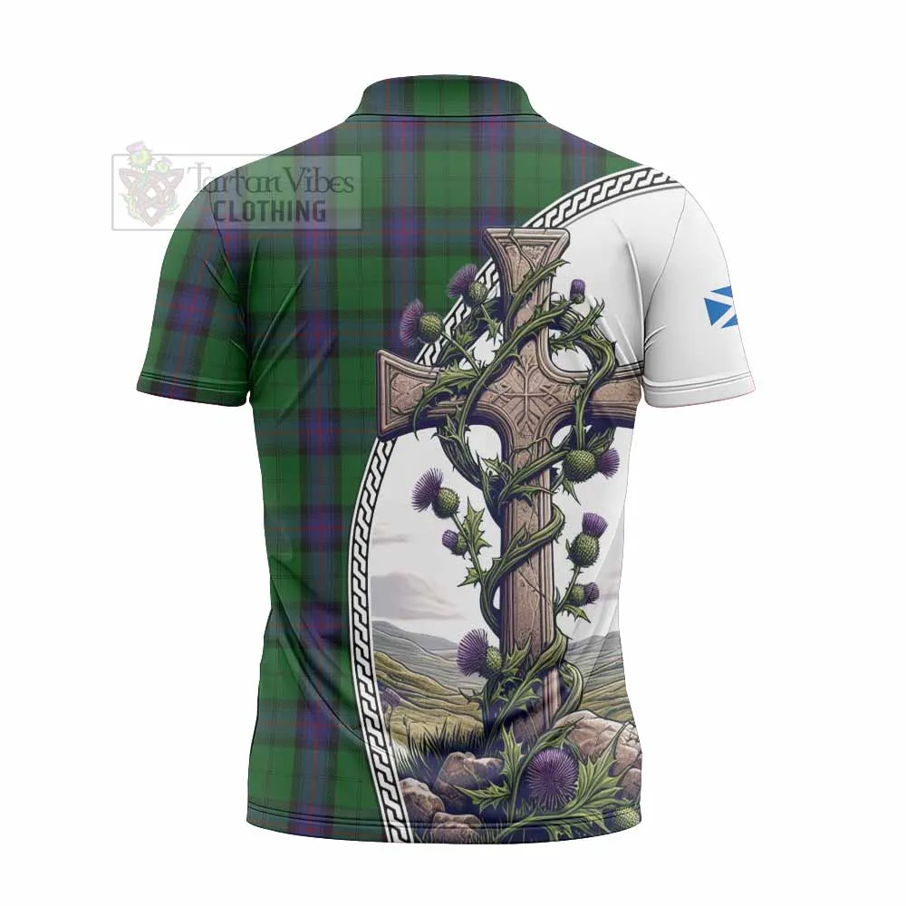 Armstrong Tartan Zipper Polo Shirt with Family Crest and St. Andrew's Cross Accented by Thistle Vines