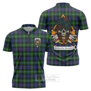 Baillie (Bailey) Tartan Zipper Polo Shirt with Family Crest and Bearded Skull Holding Bottles of Whiskey