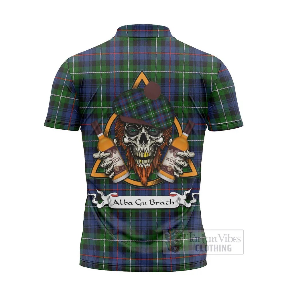 Baillie (Bailey) Tartan Zipper Polo Shirt with Family Crest and Bearded Skull Holding Bottles of Whiskey