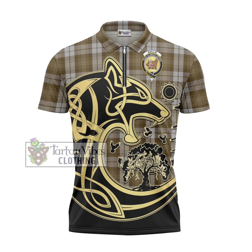 Baillie Dress Tartan Zipper Polo Shirt with Family Crest Celtic Wolf Style