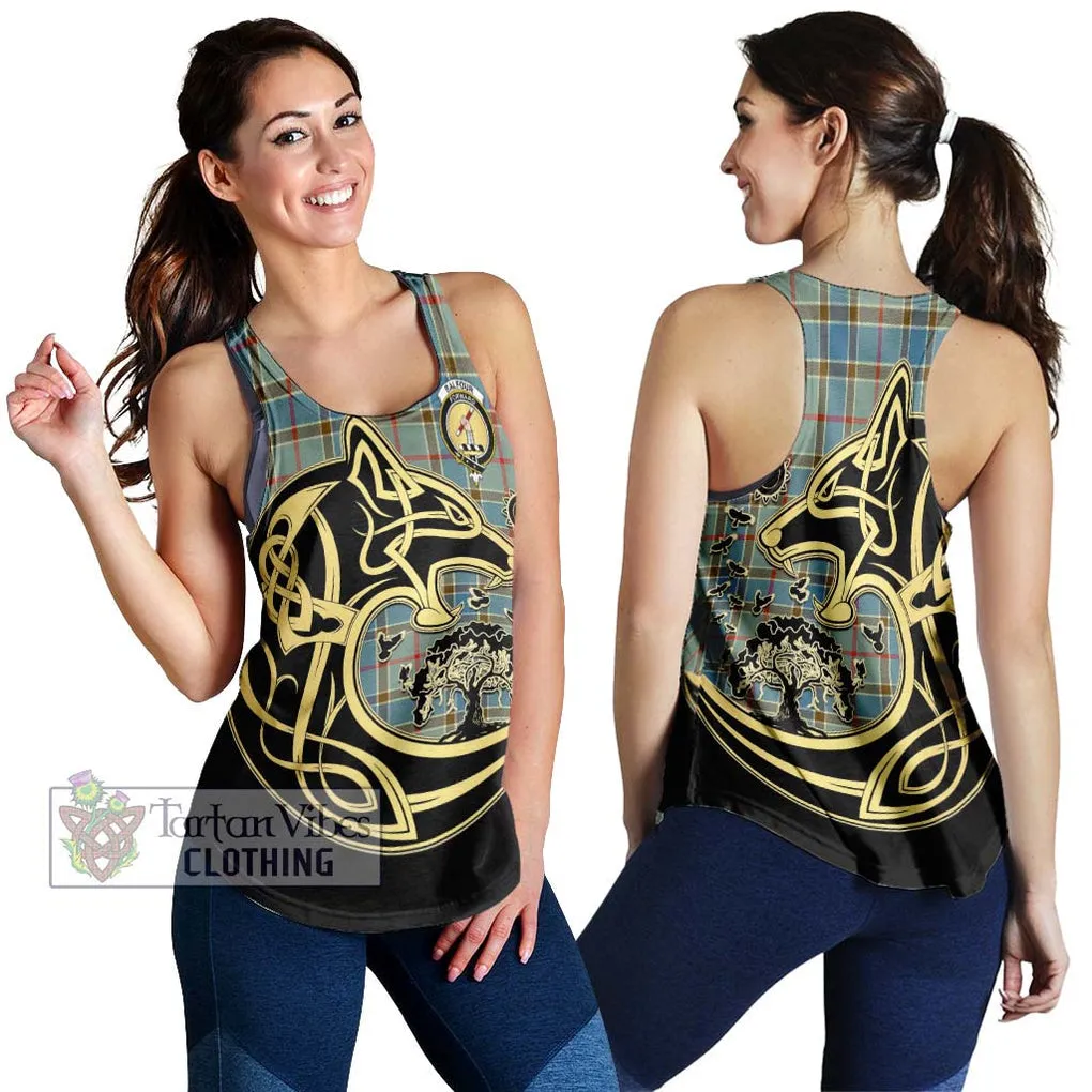 Balfour Blue Tartan Women's Racerback Tanks with Family Crest Celtic Wolf Style