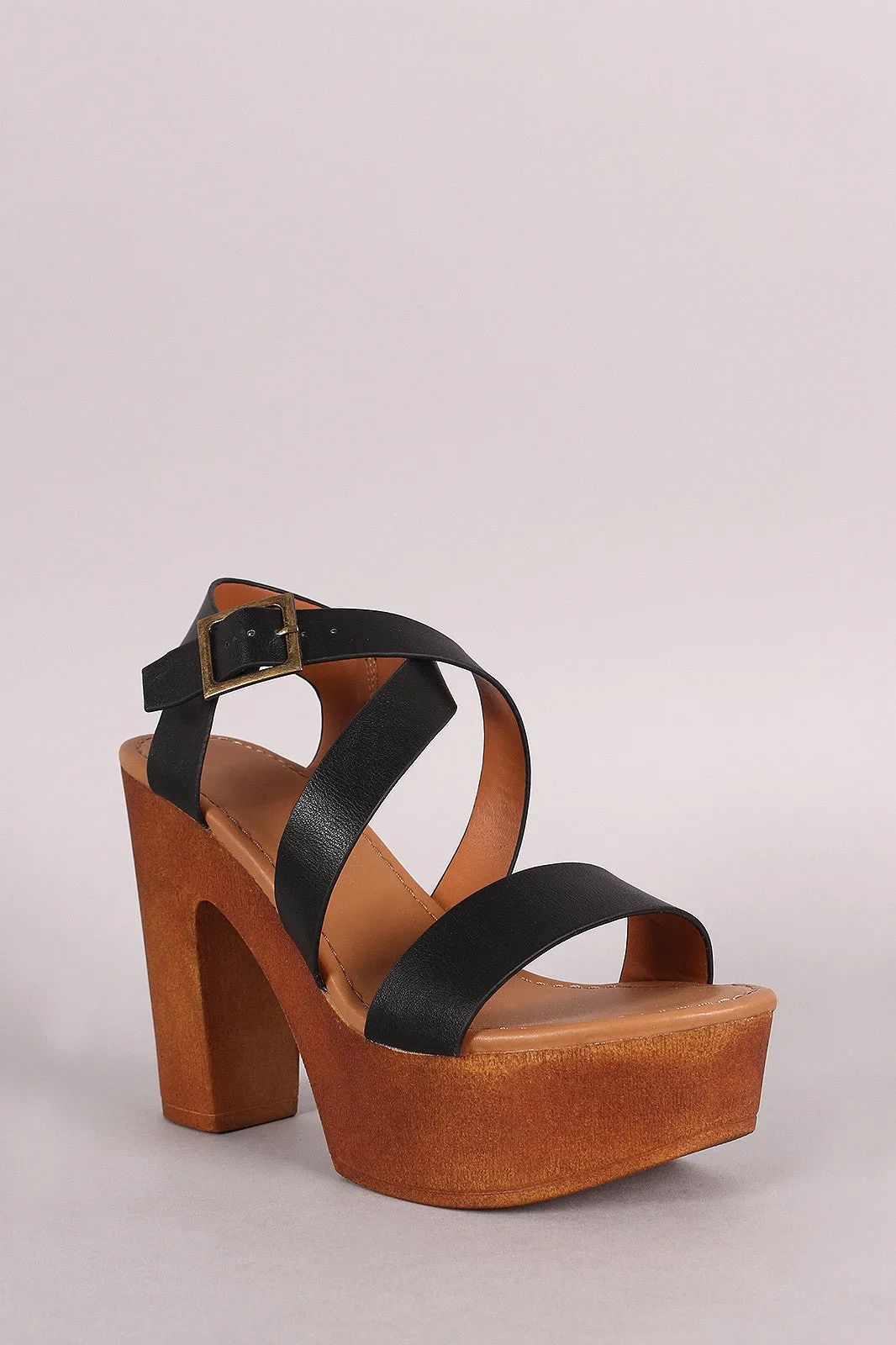 Bamboo X Straps Open Toe Wooden Heel