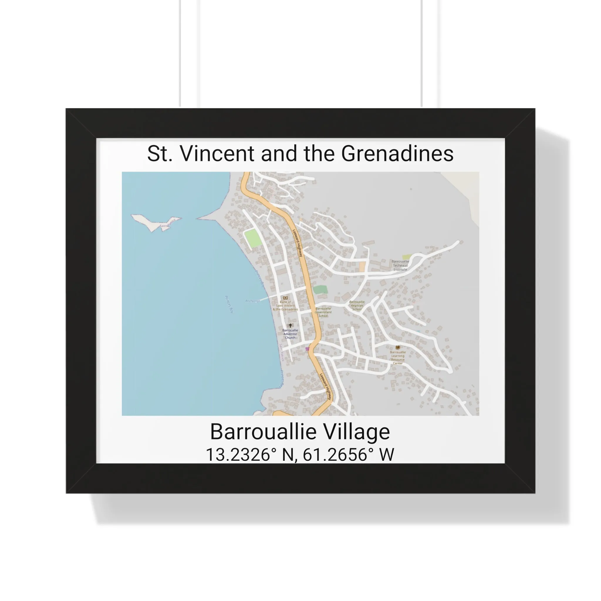 Barrouallie Village St. Vincent and the Grenadines Map Framed Print Poster, City Map Print Poster