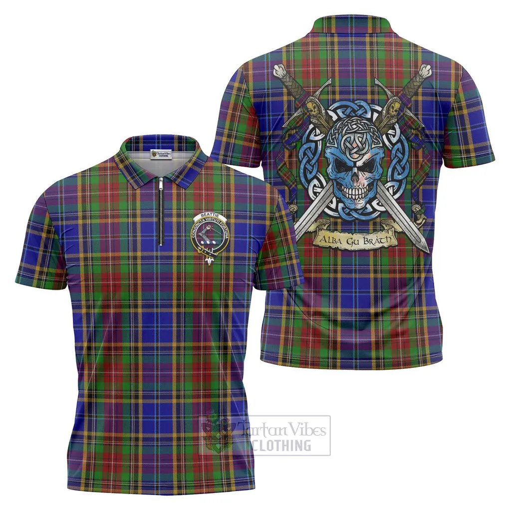 Beattie (Beatty) Tartan Zipper Polo Shirt with Family Crest Celtic Skull Style