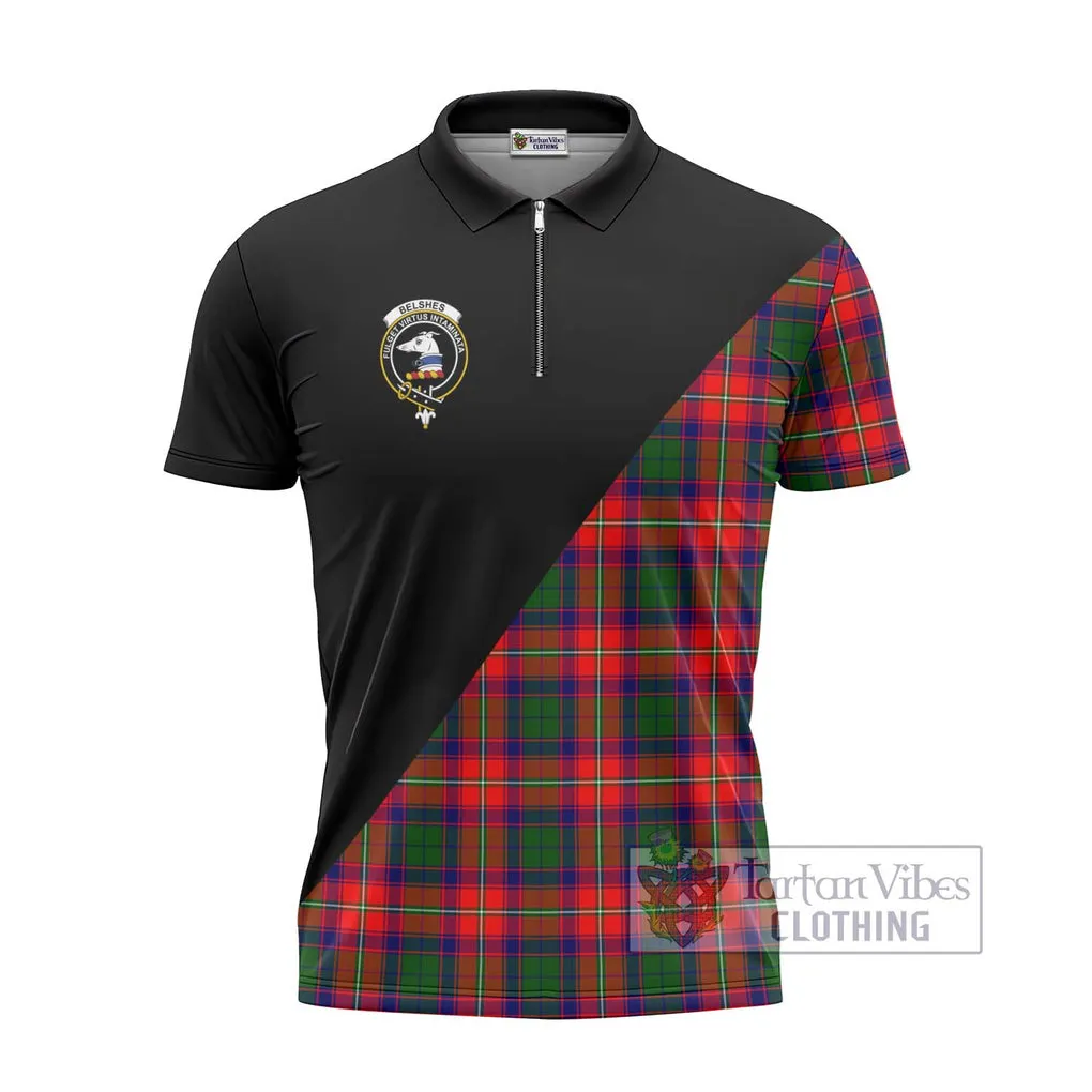 Belshes Tartan Zipper Polo Shirt with Family Crest and Military Logo Style