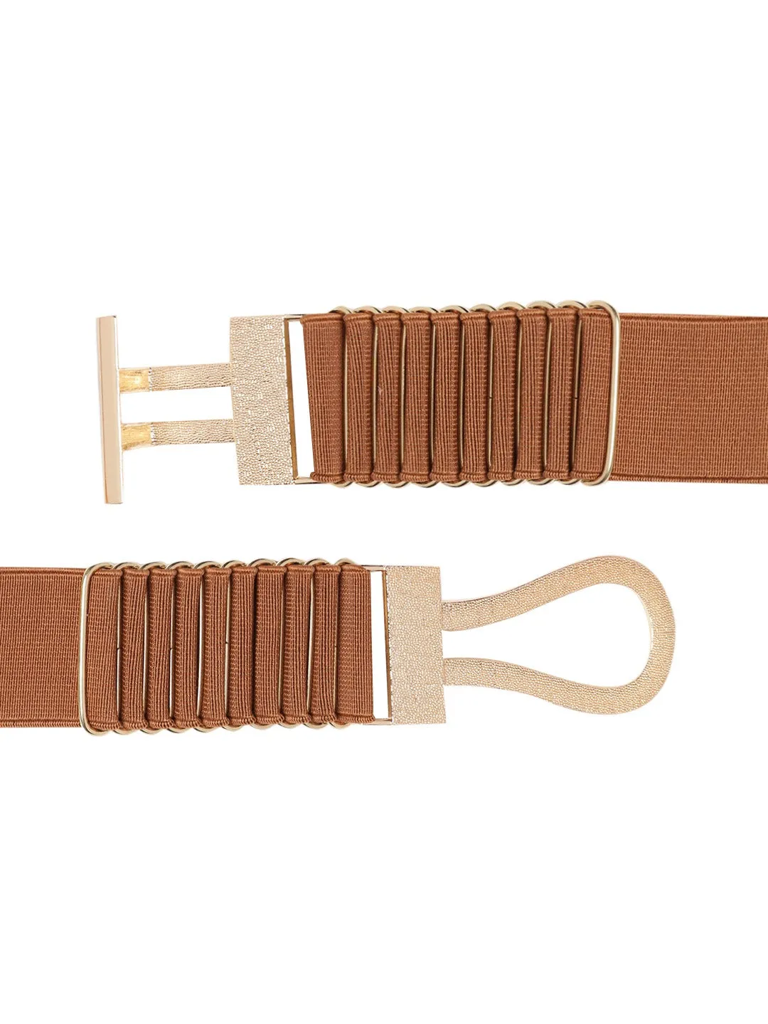 Berrylush Women Tan Brown Elastic Strap Double Pin Fancy Hook Belt