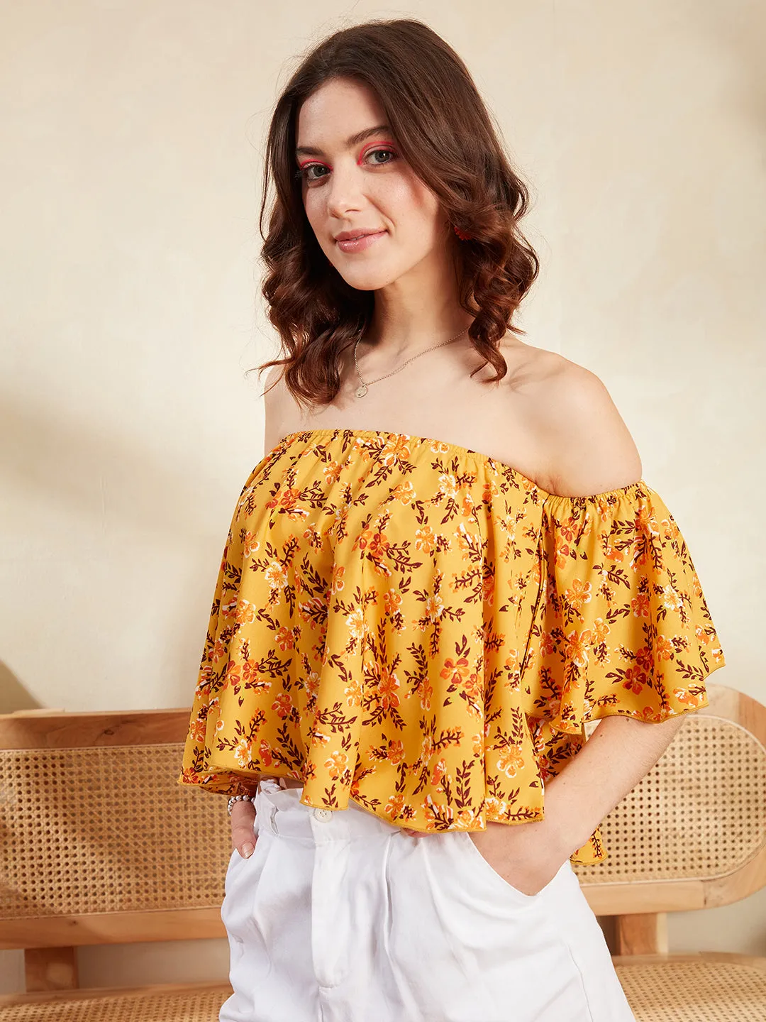 Berrylush Women Yellow & Orange Floral Printed Off-Shoulder Neck Bell Sleeve Pleated Crop Blouson Top