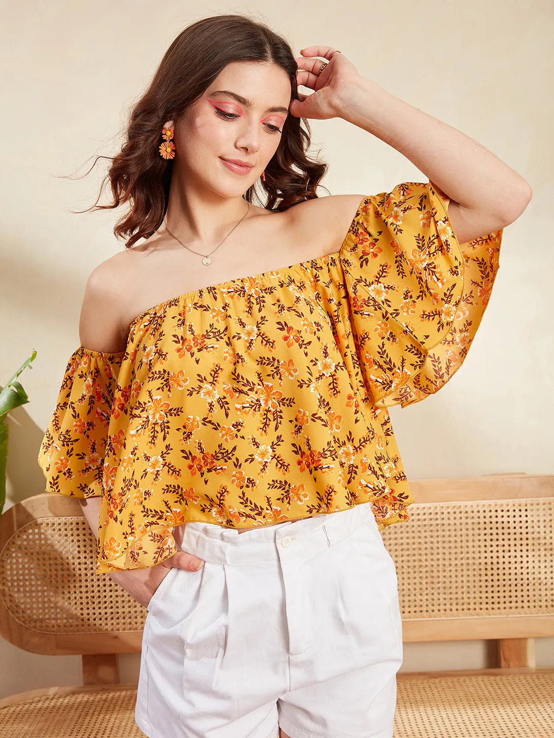 Berrylush Women Yellow & Orange Floral Printed Off-Shoulder Neck Bell Sleeve Pleated Crop Blouson Top