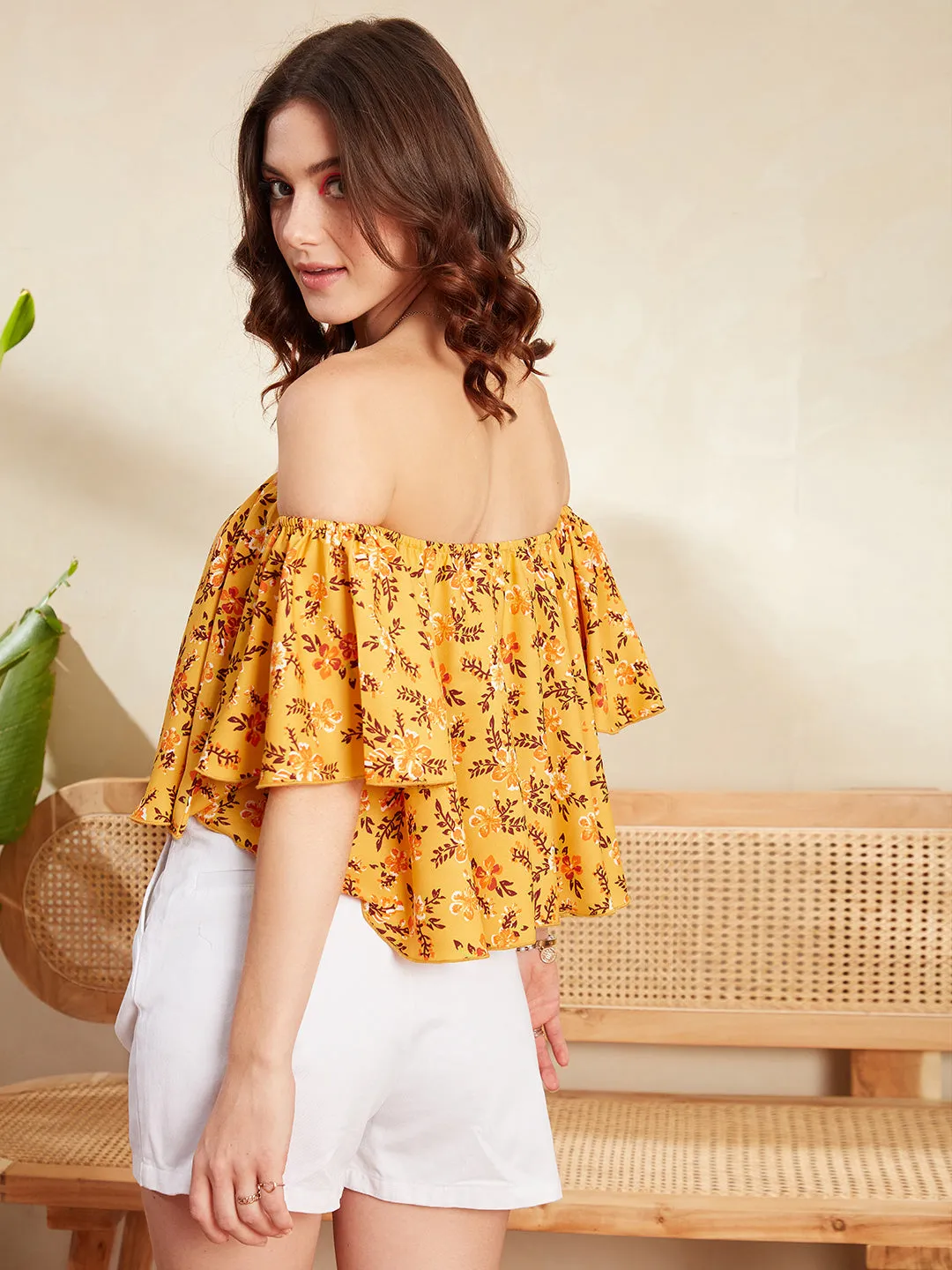 Berrylush Women Yellow & Orange Floral Printed Off-Shoulder Neck Bell Sleeve Pleated Crop Blouson Top