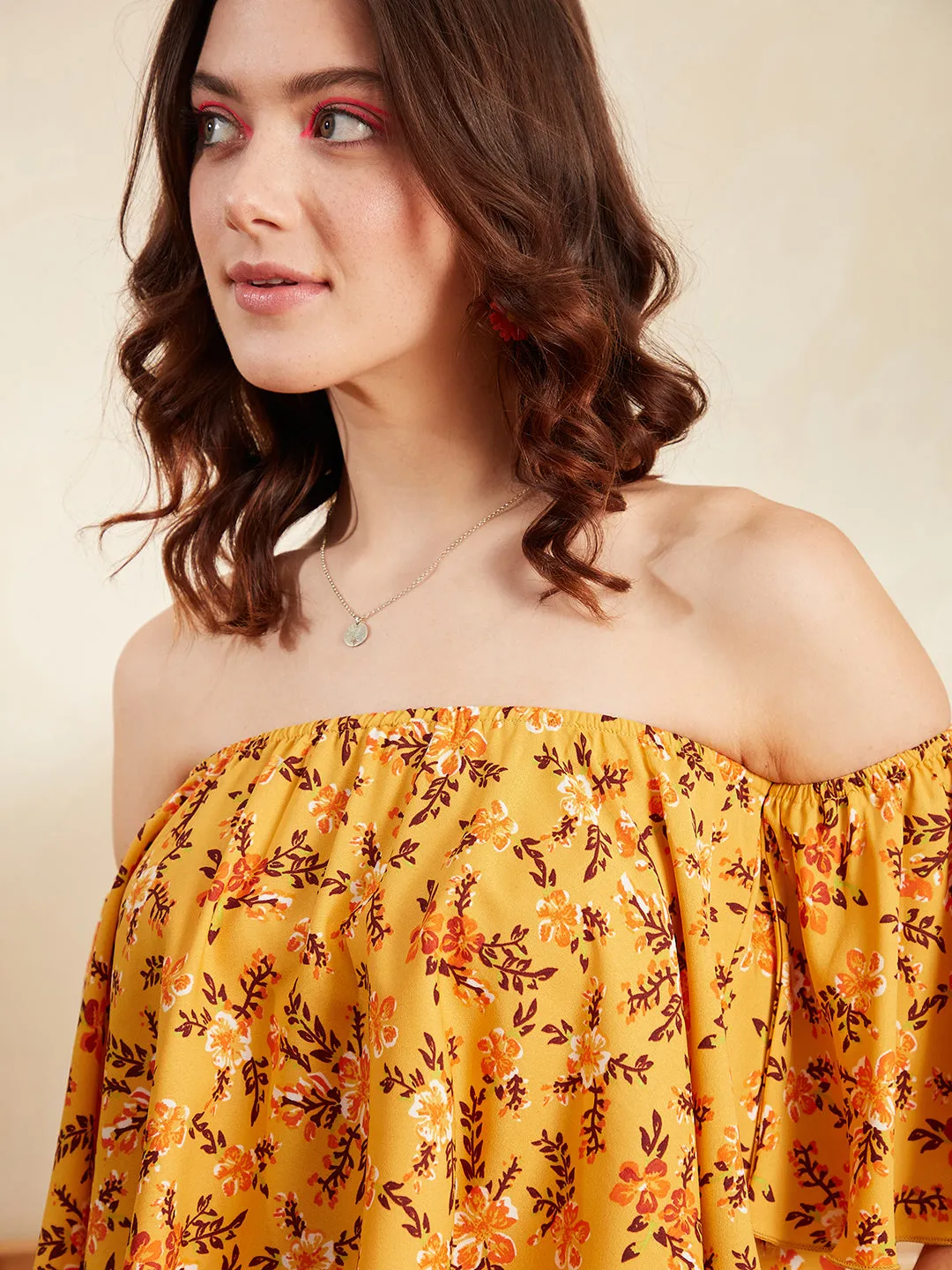 Berrylush Women Yellow & Orange Floral Printed Off-Shoulder Neck Bell Sleeve Pleated Crop Blouson Top