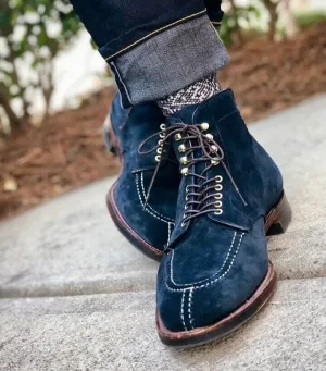 Bespoke Navy Blue Suede Ankle Split Toe Boot,Oxford Boot