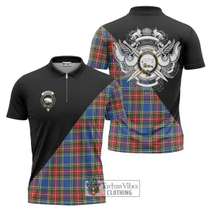 Bethune Tartan Zipper Polo Shirt with Family Crest and Military Logo Style