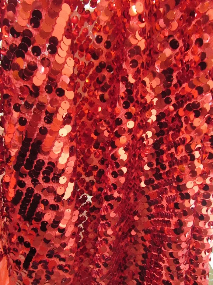 Big Rain Drop 3/8" Sequin Mesh Fabric / Red / Sold By The Yard/Lure