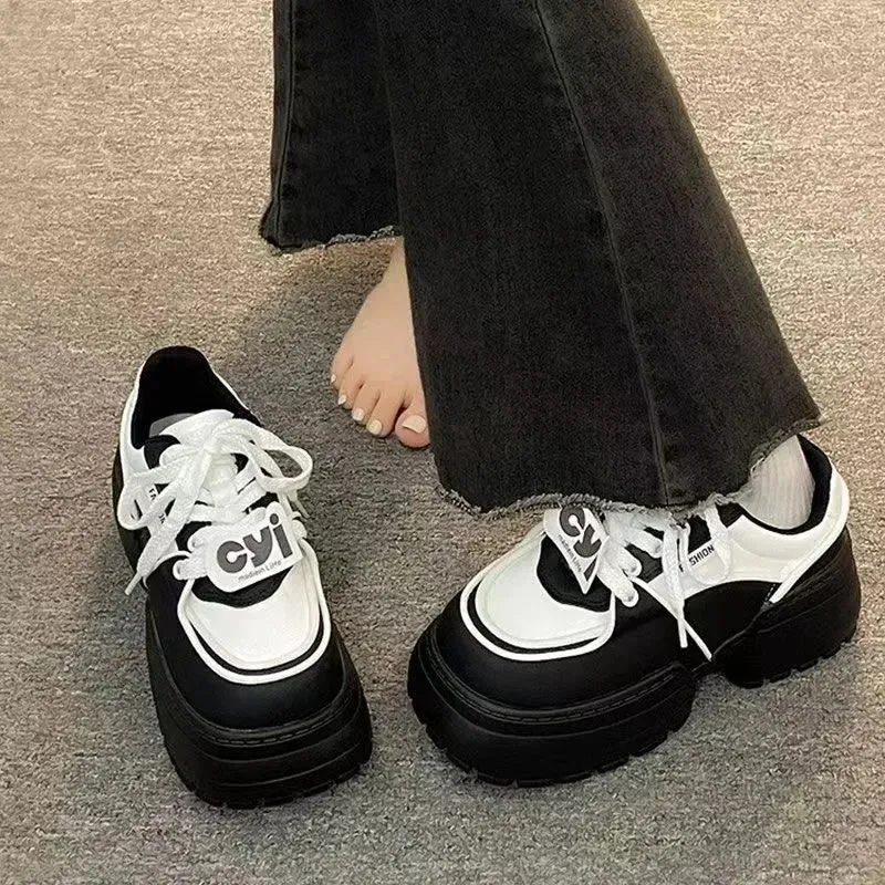 binfenxie  -  Pu Leather Lace-up Loafers Black White Heightening Small Leather Shoes Thick Sole Sneakers for Women