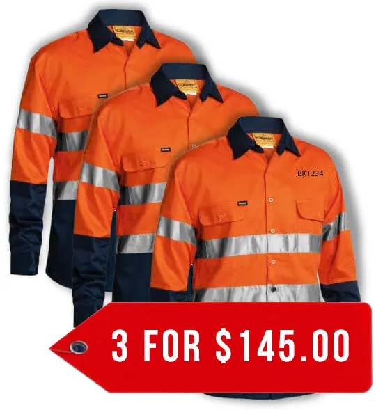 Bisley 2 Tone Hi Vis Shirt 3M Reflective Tape - Long Sleeve-3 Pack-(BT6456-1)