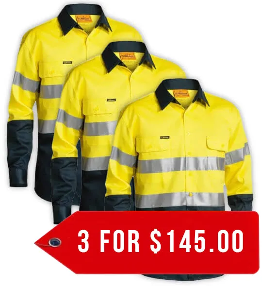 Bisley 2 Tone Hi Vis Shirt 3M Reflective Tape - Long Sleeve-3 Pack-(BT6456-1)