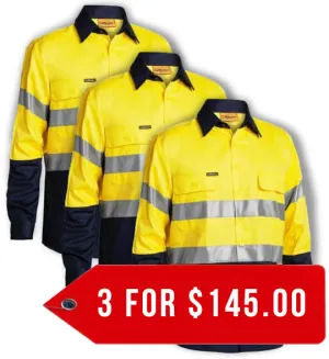 Bisley 2 Tone Hi Vis Shirt 3M Reflective Tape - Long Sleeve-3 Pack-(BT6456-1)