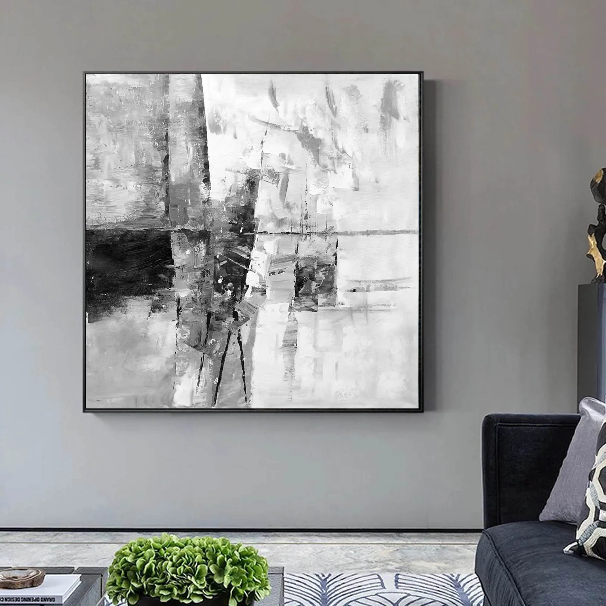 Black And White Abstract Painting Large Painting Living Room Op085