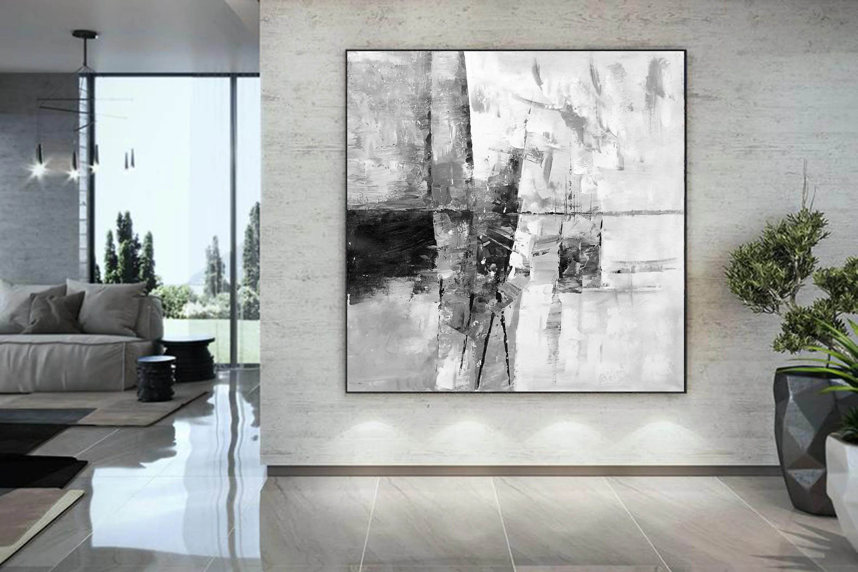 Black And White Abstract Painting Large Painting Living Room Op085