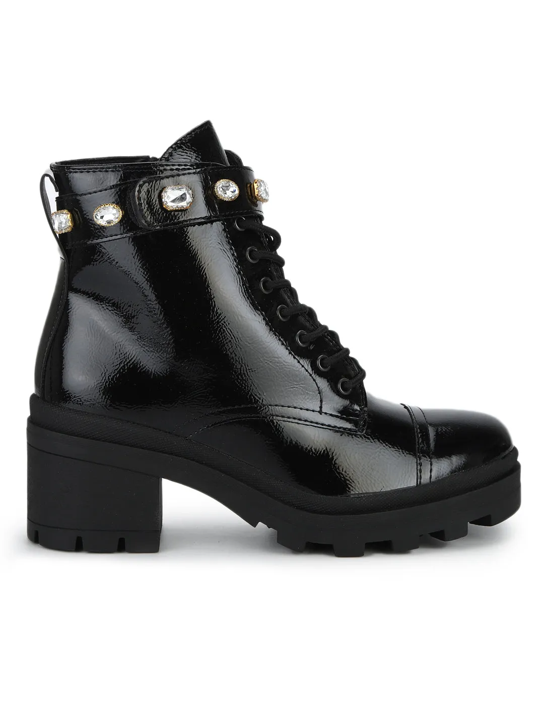 Black Pat Stud Belt Lace-up Low Block Heel Ankle Boots