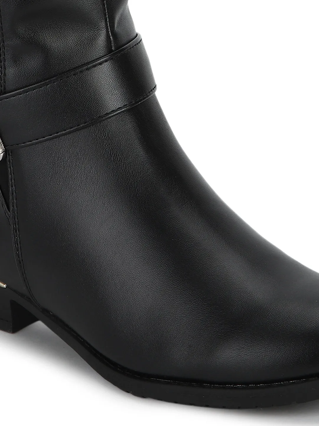 Black PU Buckle Detail Long Boots