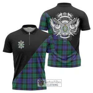 Black Watch Modern Tartan Zipper Polo Shirt with Family Crest and Military Logo Style