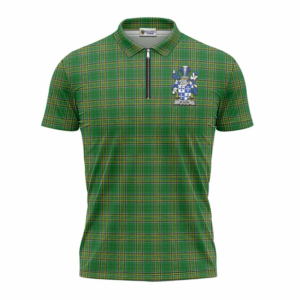 Blood Irish Clan Tartan Zipper Polo Shirt with Coat of Arms