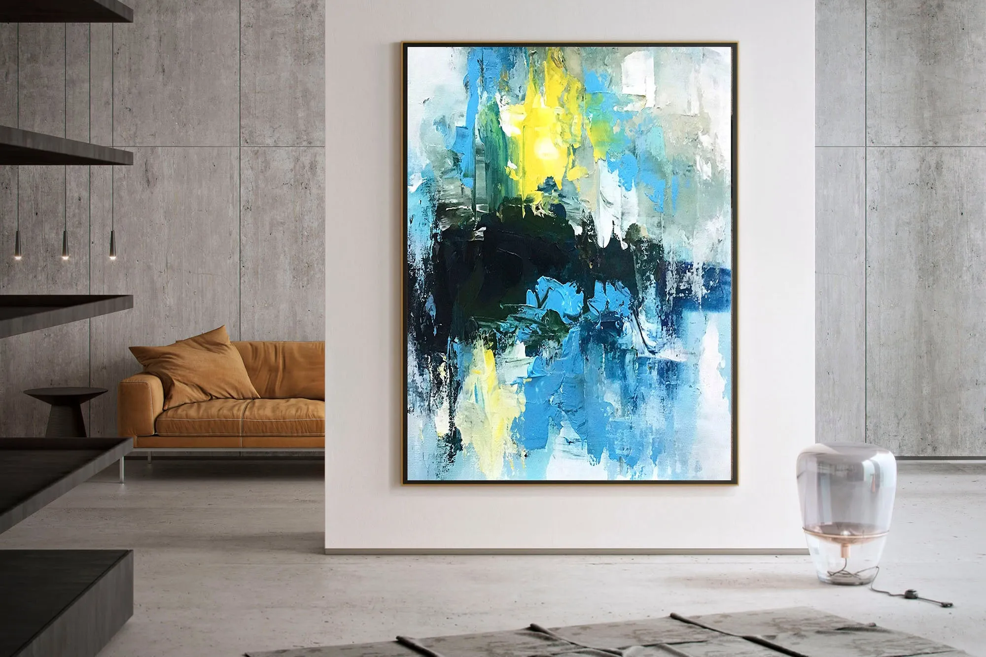 Blue White Yellow Abstract Painting on Canvas Knife Painting Qp004