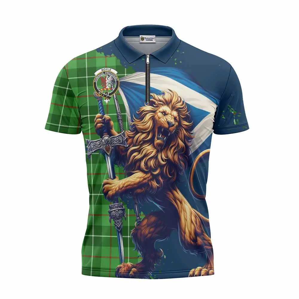 Boyle Tartan Family Crest Zipper Polo Shirt with Scottish Majestic Lion