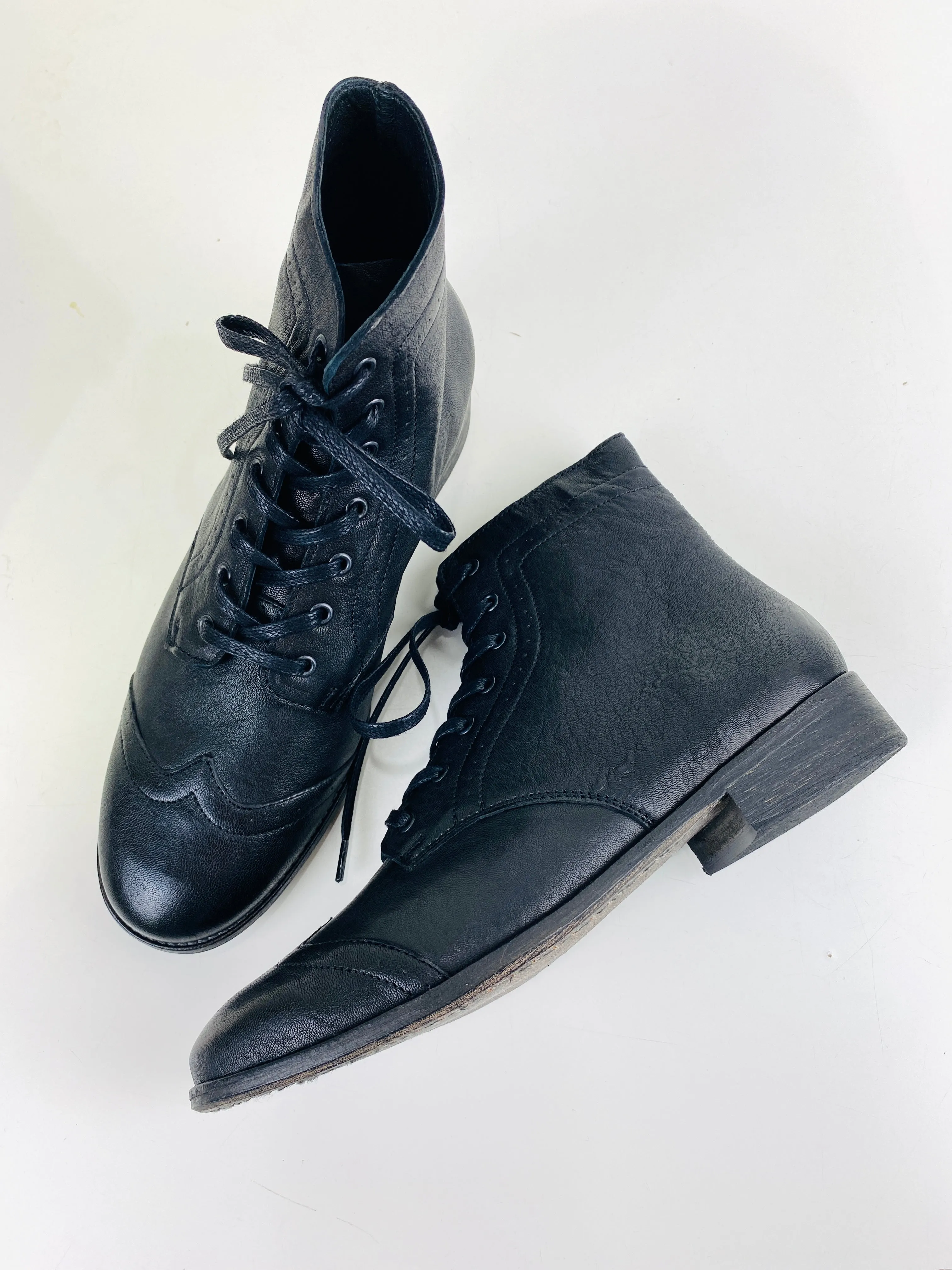 Boys' Period Repro Black Leather Wingtip Brogue Boots, Made in Portugal