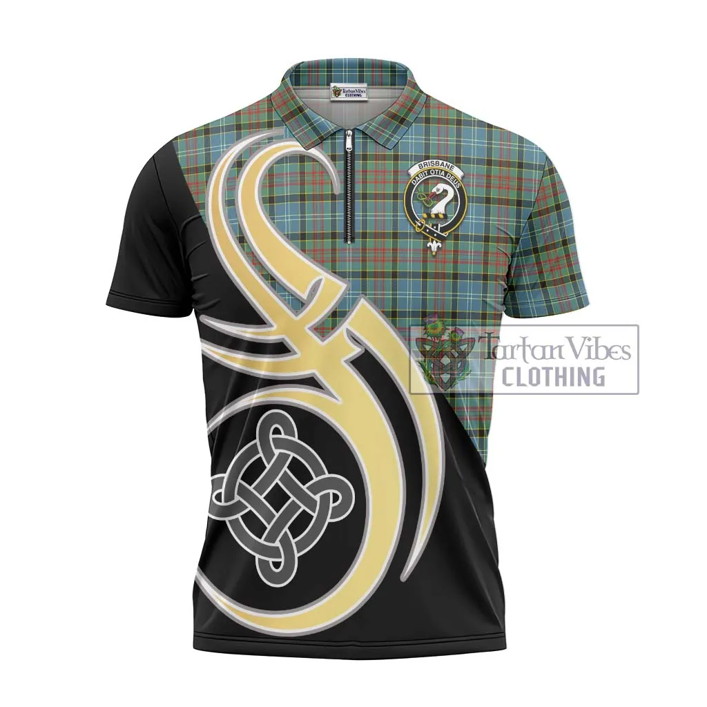 Brisbane Tartan Zipper Polo Shirt with Family Crest and Celtic Symbol Style