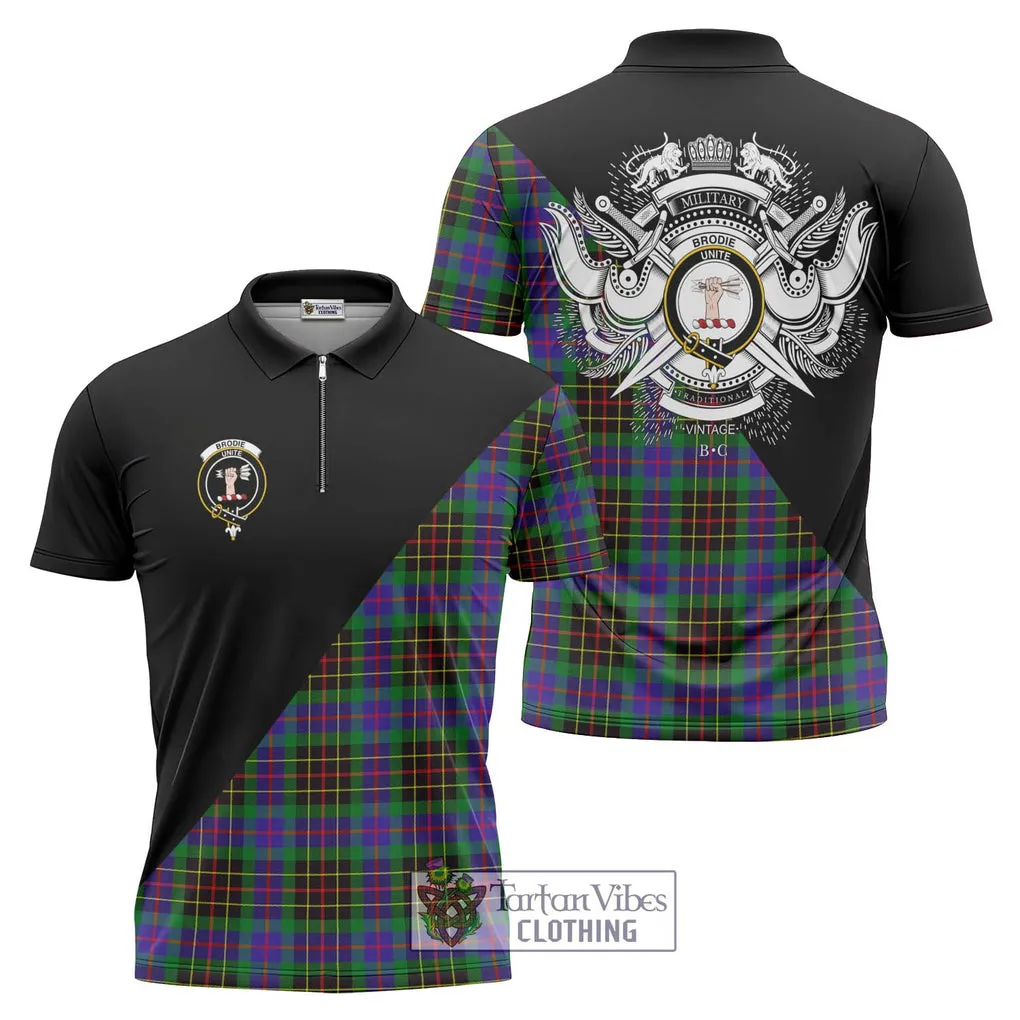 Brodie Hunting Modern Tartan Zipper Polo Shirt with Family Crest and Military Logo Style