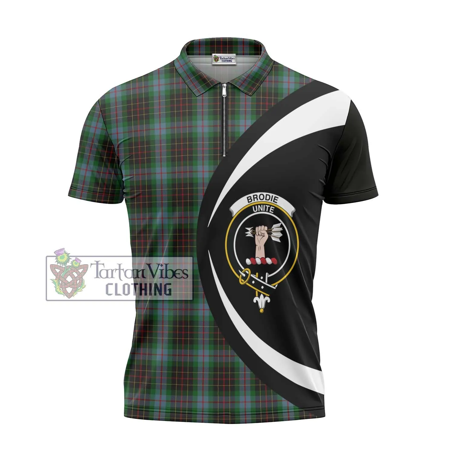 Brodie Hunting Tartan Zipper Polo Shirt with Family Crest Circle Style